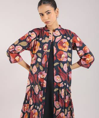 Black floral printed cotton shirt dress and slip set 3