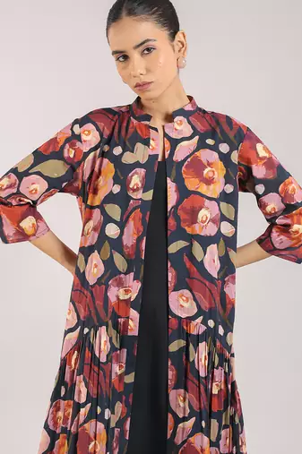 Black floral printed cotton shirt dress and slip set