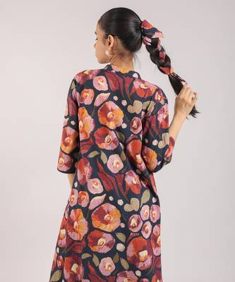 Black floral printed cotton shirt dress and slip set 4