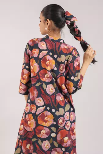 Black floral printed cotton shirt dress and slip set