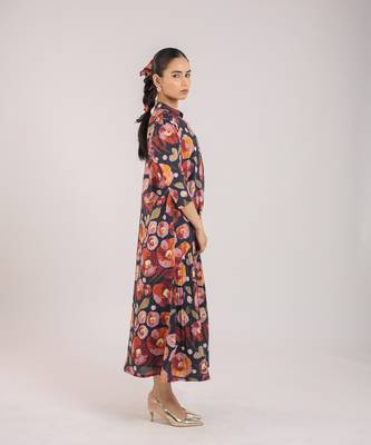 Black floral printed cotton shirt dress and slip set 5