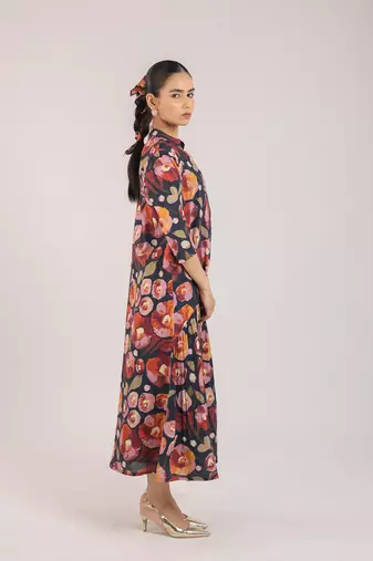 Black floral printed cotton shirt dress and slip set