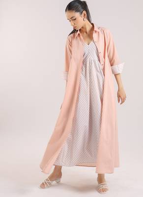 Dust rose flared plain cotton long dress paired and shirt set 1
