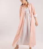 Dust rose flared plain cotton long dress paired and shirt set