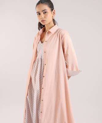 Dust rose flared plain cotton long dress paired and shirt set 2