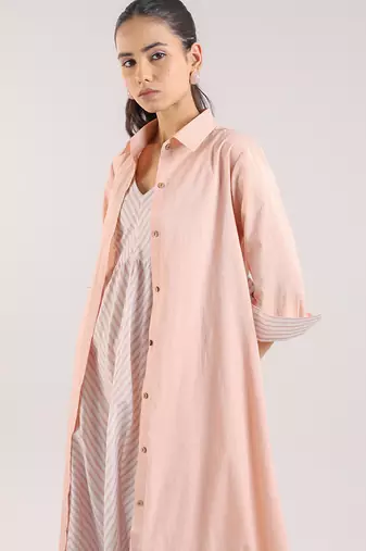 Dust rose flared plain cotton long dress paired and shirt set