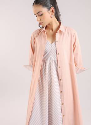 Dust rose flared plain cotton long dress paired and shirt set 3
