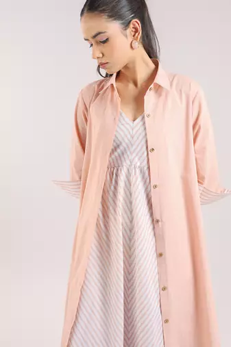 Dust rose flared plain cotton long dress paired and shirt set