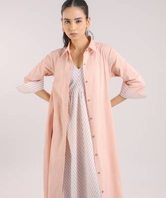 Dust rose flared plain cotton long dress paired and shirt set 4