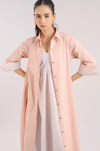 Dust rose flared plain cotton long dress paired and shirt set
