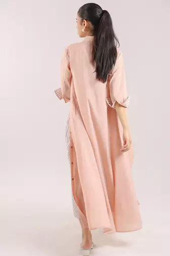 Dust rose flared plain cotton long dress paired and shirt set