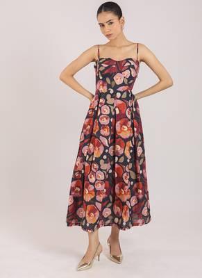 Black floral printed cotton strappy corset dress 1