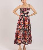 Black floral printed cotton strappy corset dress