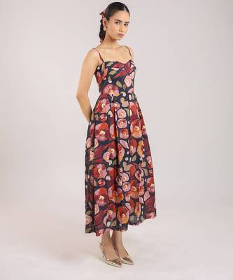 Black floral printed cotton strappy corset dress 2