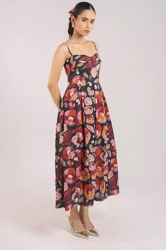 Black floral printed cotton strappy corset dress