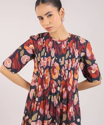 Black floral printed cotton strappy corset dress 3