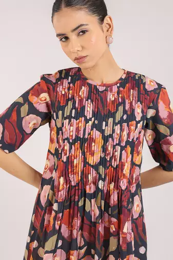Black floral printed cotton strappy corset dress
