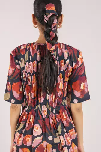Black floral printed cotton strappy corset dress