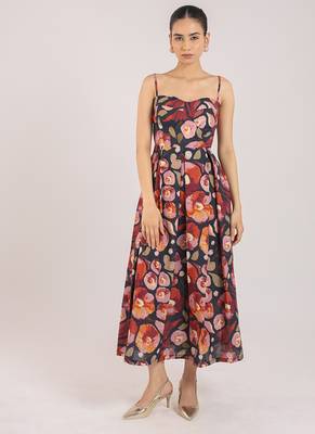Black floral printed cotton strappy corset dress 5