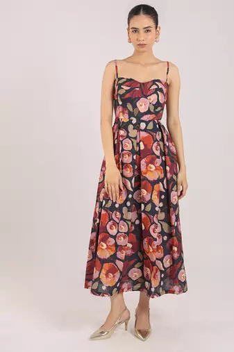 Black floral printed cotton strappy corset dress