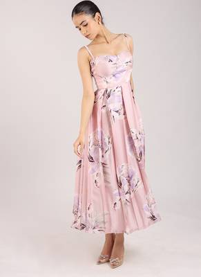 Dust rose floral printed cotton strappy corset dress 1