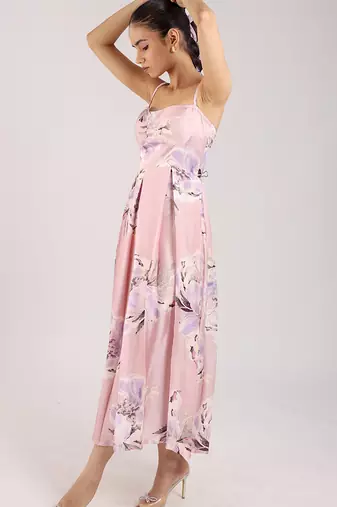 Dust rose floral printed cotton strappy corset dress