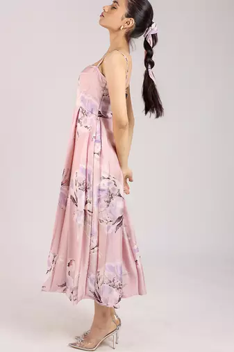 Dust rose floral printed cotton strappy corset dress