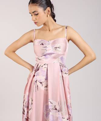 Dust rose floral printed cotton strappy corset dress 4
