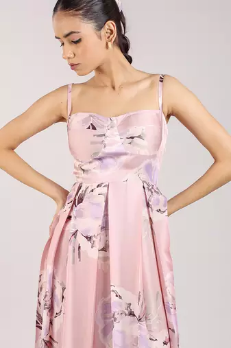 Dust rose floral printed cotton strappy corset dress
