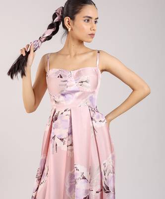 Dust rose floral printed cotton strappy corset dress 5