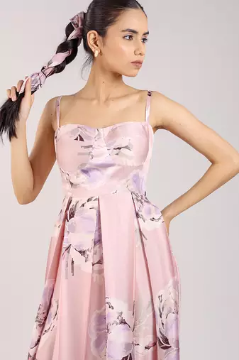 Dust rose floral printed cotton strappy corset dress