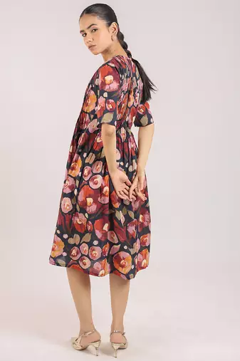 The black floral printed cotton elbow sleeve dress
