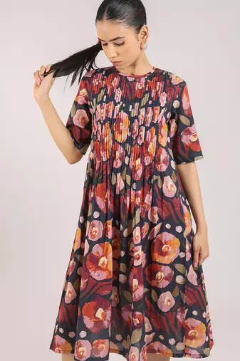 The black floral printed cotton elbow sleeve dress
