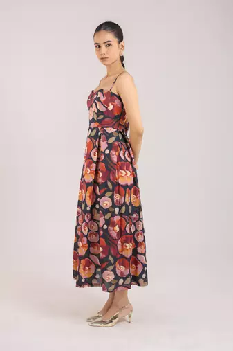 The black floral printed cotton elbow sleeve dress
