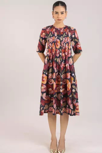The black floral printed cotton elbow sleeve dress