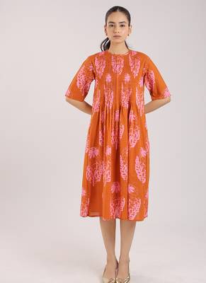 Rust orange floral printed cotton elbow sleeve dress 1
