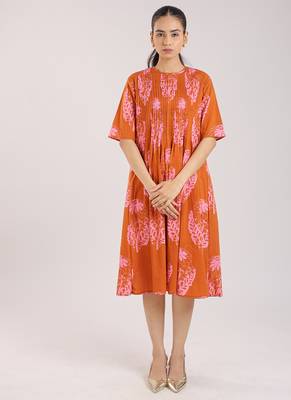 Rust orange floral printed cotton elbow sleeve dress 2