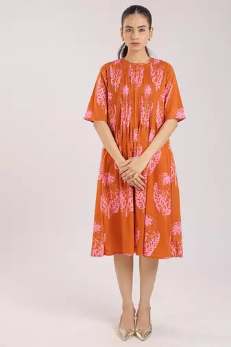 Rust orange floral printed cotton elbow sleeve dress