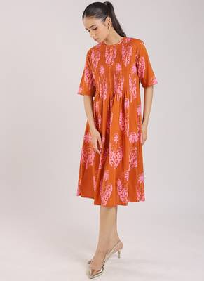Rust orange floral printed cotton elbow sleeve dress 3