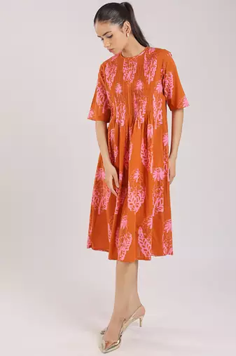 Rust orange floral printed cotton elbow sleeve dress