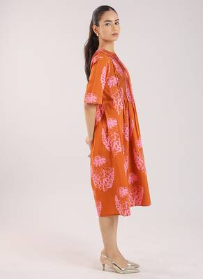 Rust orange floral printed cotton elbow sleeve dress 4