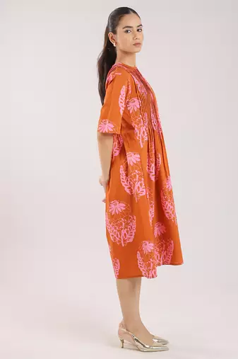 Rust orange floral printed cotton elbow sleeve dress