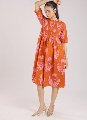 Rust orange floral printed cotton elbow sleeve dress 5