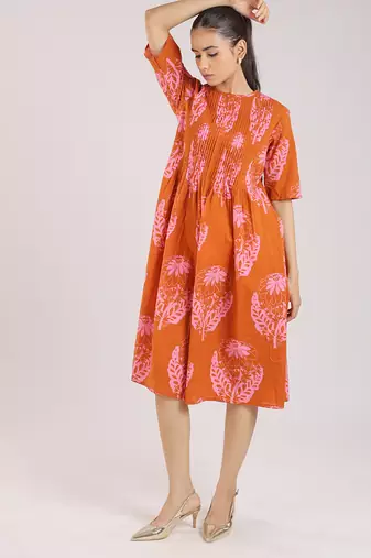 Rust orange floral printed cotton elbow sleeve dress