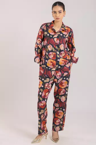 Black floral printed cotton co-ord