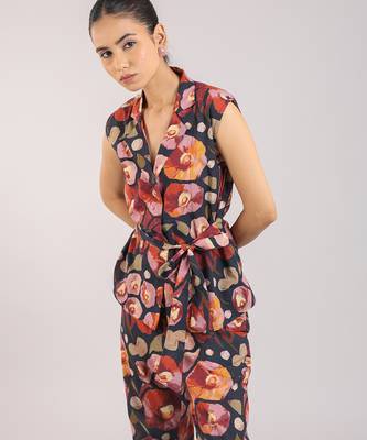 Black floral printed cotton tie-on co-ord 2