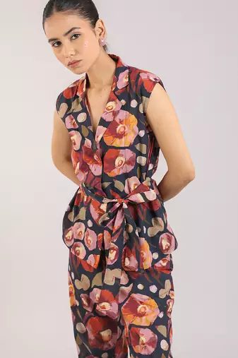 Black floral printed cotton tie-on co-ord