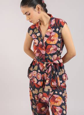 Black floral printed cotton tie-on co-ord 3