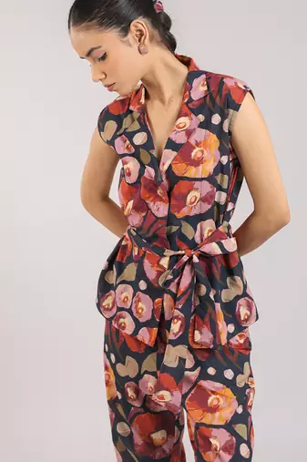 Black floral printed cotton tie-on co-ord