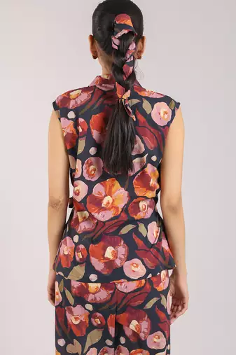 Black floral printed cotton tie-on co-ord